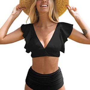 SPORLIKE Women Ruffle High Waist Swimsuit Two Pieces Push Up Tropical Print Bikini