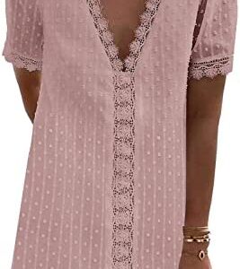 LookbookStore Women's Summer V Neck Casual Short Sleeve Swiss Dot Lace Shift Dress