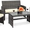 Best Choice Products 4-Piece Wicker Patio Conversation Furniture Set w/ 4 Seats, Tempered Glass Table Top - Gray Wicker/Cream Cushions