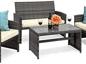 Best Choice Products 4-Piece Wicker Patio Conversation Furniture Set w/ 4 Seats, Tempered Glass Table Top - Gray Wicker/Cream Cushions