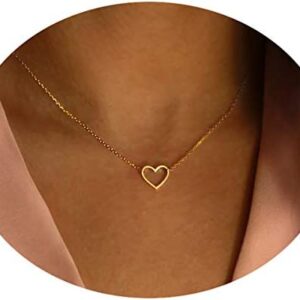 Tewiky Cute Heart Necklace Tiny 14k Gold Heart Pendant Choker Necklaces Small Gold Love Open Heart Chain Necklace for Women Dainty Gold Necklace Gifts for Her