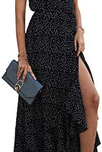 PRETTYGARDEN Women's Summer Wrap Maxi Dress Casual Boho Floral V Neck Short Sleeve Ruffle Hem Split Beach Long Dresses