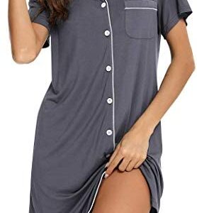 Samring Nightgown for Women Sleep Shirt Short Long Sleeve Sleepwear Boyfriend Nightshirt Button Down Pajama Dress S-XXL