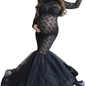 ZIUMUDY Elegant Lace See-Through Maternity Gown for Photo Shoot Long Sleeve Tulle Tutus Maxi Photo Props Dress