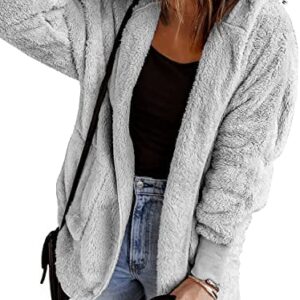 Vetinee Women Casual Fuzzy Fleece Hooded Cardigan Pocket Faux Fur Outerwear Coat