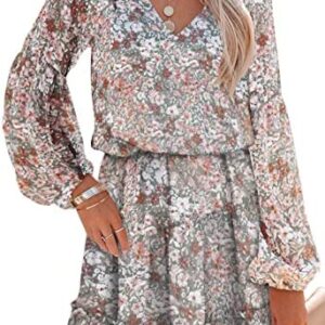 SHEWIN Womens Summer Boho Floral Print Dress Ruffle V Neck Long Sleeve Flowy Loose Casual Midi Dress