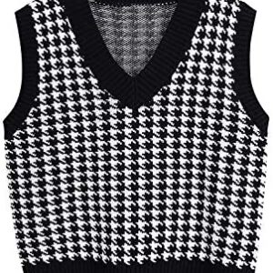 Women Sleeveless Houndstooth Oversized Knit Sweater Vest V-Neck 90s Graphic Pattern Print Vintage Pullover Top Knitwear