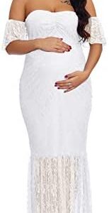 ZIUMUDY Women's Off Shoulder Ruffle Sleeve Lace Mermaid Maternity Baby Shower Gown Maxi Photography Dress