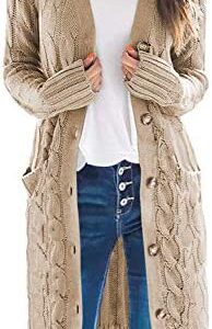 DOROSE Women's Long Sleeve Cable Knit Sweater Button Open Front Cardigans Coat with Pockets