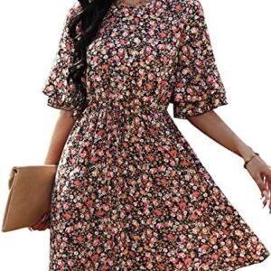 ANRABESS Women's Summer Floral Print Ruffle Mini Dress Bell Sleeve Elastic Waist Casual A Line Swing Beach Dress