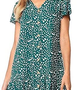 Chuanqi Womens Polka Dot V Neck Button Down Ruffles Casual Loose Swing Short Mini T-Shirt Dress