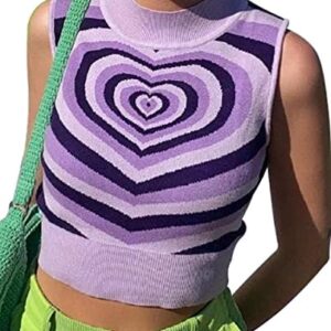 SAGRALL Women's Mock Neck Heart Knitted Crop Tank Tops Knitwear Sleeveless Sweater Vest (Large, Purple)