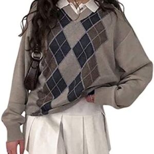 Women's Knit Sweater Pullover Classic Argyle Print Sweater Tops Preppy Vintage Long Sleeve Knitwear 90s Streetwear