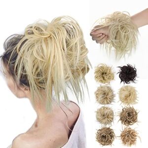 MSCHARM Tousled Updo Messy Bun Hair Piece Extensions With Elastic Rubber Band Ponytail Hairpiece Scrunchies for Women (Golden Blonde Mix Bleach Blonde)