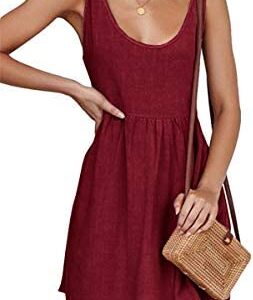 CNJFJ Womens Summer Shoulder Tie Strap Babydoll Dress Casual Scoop Neck A-Line Skater Swing Mini Sundress