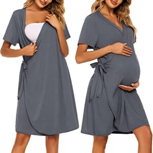 Ekouaer Striped Maternity Robe, Pregnant Short Sleeve Labor Delivery Nursing Hospital Gowns S-XXL