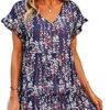 TAMEYA Casual Womens Summer Dresses, Cute Boho Short Sleeve V Neck Beach Dress Loose Fit Mini Dress Short Flowy Pleated Dress