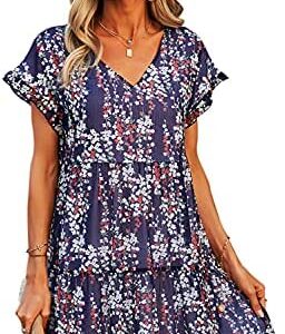 TAMEYA Casual Womens Summer Dresses, Cute Boho Short Sleeve V Neck Beach Dress Loose Fit Mini Dress Short Flowy Pleated Dress