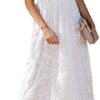 Diukia Womens Sexy Deep V Neck Lace Maxi Dress Elegant Short Sleeve Wedding Bridesmaid Evening Party Dresses