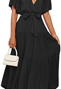 TEMOFON Women's Maxi Dress Summer Short Sleeve Chiffon Dresses Casual V Neck Tie Waist Formal Dress