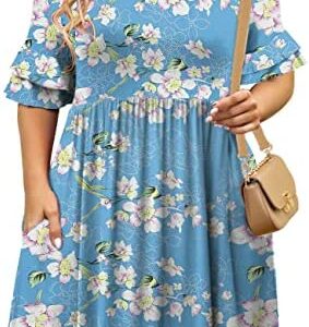 Tralilbee Women’s Plus Size Dress Short Sleeve Casual Pleated Swing Dress with Pockets,L-4XL