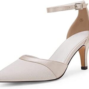 Coutgo Women's High Heels Closed Toe Strappy Pumps Satin Mid Kitten Heel Ankle Strap Buckle Basic Wedding Bridal Dress Shoes