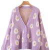 PEHMEA Women's Loose Y2K Flower Pattern Knitwear Long Sleeve V-Neck Button Down Cardigan Coat