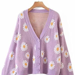 PEHMEA Women's Loose Y2K Flower Pattern Knitwear Long Sleeve V-Neck Button Down Cardigan Coat