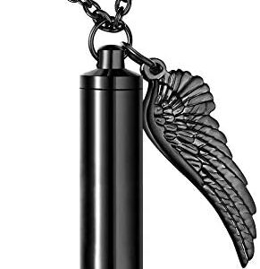 Cylinder Cremation Urn Necklace for Ashes Memorial Keepsake Pendant with Angel Wing Stainless Steel Remembrance Jewelry