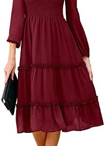 ANRABESS Women's Long Sleeve Crewneck Smocked Boho Dress A-Line Ruffle Frill Tiered Swing Midi Dress