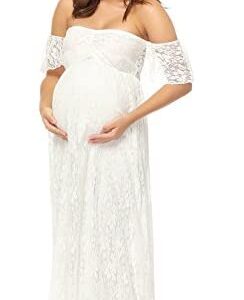 JustVH Maternity Off Shoulder Ruffle Sleeve Lace Wedding Gown Maxi Photography Dress for Photo Shoot Dress