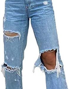 MASZONE Y2K Fashion Jeans for Women Button High Waist Pocket Elastic Hole Jeans Trousers Loose Denim Pants Streetwear