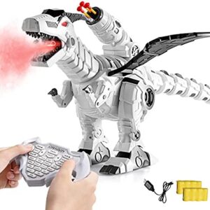 Multifunctional R/C Robotic Dinosaur with Mist Spray and Soft Bullets Shooting, Interactive Electronic Fire Breathing Dragon with Programming, Intelligent Walking T-rex Toy Gift for Kids (White)