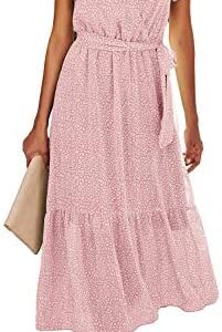 BTFBM Women Summer Bohemian Floral Casual Wrap V Neck Ruffle Cap Sleeveless Belt A-Line Pleated Hem Swing Midi Sun Dress