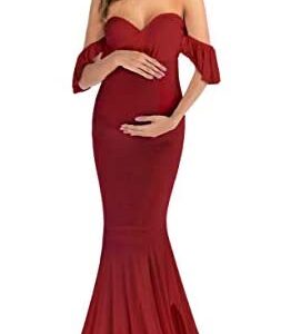 JustVH Maternity Off Shoulder Ruffle Sleeves Elegant Fitted Gown Maxi Photography Dress for Photo Shoot Baby Shower