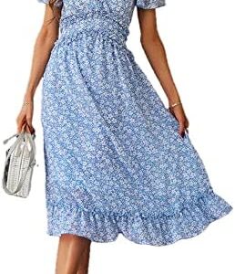 Women's Causal Summer Midi Dress - Deep V Neck Party Floral Beach Ruffle Short Sleeve Swing Boho Cute Sun Dress
