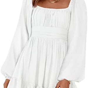 Dokotoo Womens Square Neck Dress Long Lantern Sleeve Tie Back Ruffle Elastic Waist A-Line Casual Mini Dress