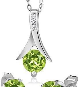 Gem Stone King 925 Sterling Silver Green Peridot Pendant and Earrings Set 3.00 Ct Round Gemstone Birthstone For Women with 18 Inch Chain