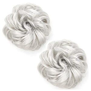 2Pcs Messy Bun Hair Piece Scrunchy Hair Bun Pieces Extension Curly Wavy Rubber Band Elastic Scrunchie Ponytail Hair Accessories (Silver gray)
