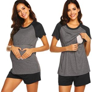 Ekouaer Women’s Maternity Nursing Pajamas for Hospital Short Raglan Sleeve Baseball Pregnancy Breastfeeding Sleepwear Set