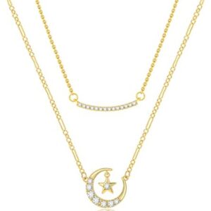 MESOVOR Layered Moon Star Pendant Necklace, 16K Gold Plated Dainty Bar Choker | Sparkling Zirconia Chain Necklace for Women
