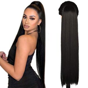 24 Inch (Can Be 26 Inch) Straight Hair Ponytail 2 Clips in Ponytail Hair Extensions Straight Hair Drawstring Ponytail For Ladies 130g/Piece Synthetic Hairpiece Ponytail Smooth &Soft Natural Black(1B)