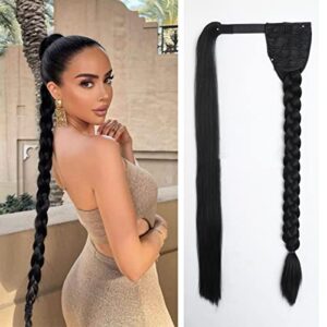 24 Inch Ponytail Extension Long Braided Ponytail Extension with Hair Tie Straight Wrap Around Hair Extensions Ponytail Natural Soft Synthetic Hair Piece for Women Daily Wear (24inch, 1B)