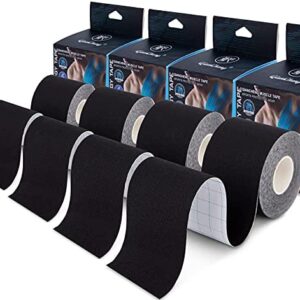 4 Pack Kinesiology Tape for Sports Athletes - 16 FT Waterproof Athletic Tape for The Knee, Elbow and Shoulder Muscles, etc.(5m X 5cm) (Black)