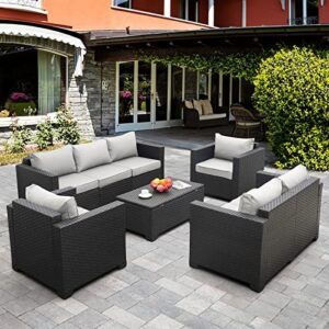 5-Piece Patio Furniture Sofa Set Outdoor Wicker Sectional Couch with Storage Table No-Slip Cushions Furniture Covers, Grey