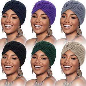 6 Pieces Turbans for Women Soft Turban Head Wrap Pleated Beanie Cap