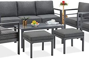 AECOJOY Aluminum Outdoor Furniture Set with Ottomans, 7-Piece Garden Aluminum Conversation Set, Patio Sectional Sofa Set with Removable Cushions and Coffee Table for Balcony, Garden, Dark Grey