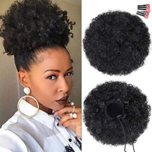 Afro Puff Drawstring Ponytail Extension for Black Women, Premium Black 1B# 80gram Short Synthetic Afro Puff Ponytail for Natural Hair, Clip On Kinky Drawstring Curly Ponytail Bun