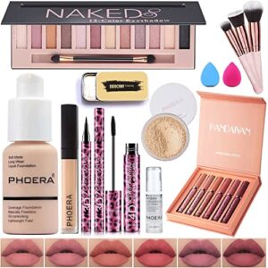 All In One Makeup Kit,Naked Eyeshadow Palette, PHOERA Foundation Makeup, Lipstick Set, Eyebrow Soap, Waterproof Eyeliner and Mascara, PHOERA Primer Powder Concealer Contour, Makeup Foundation Brush