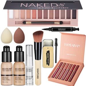 All in One Makeup Kit 12 Colors Eyeshadow Palette, SIGHTLING Foundation, Makeup Brush, Liquid Lipstick, Makeup Sponge, Eyebrow Soap Kit, Winged Eyeliner Stamp, Makeup Sets for Women Full Kit